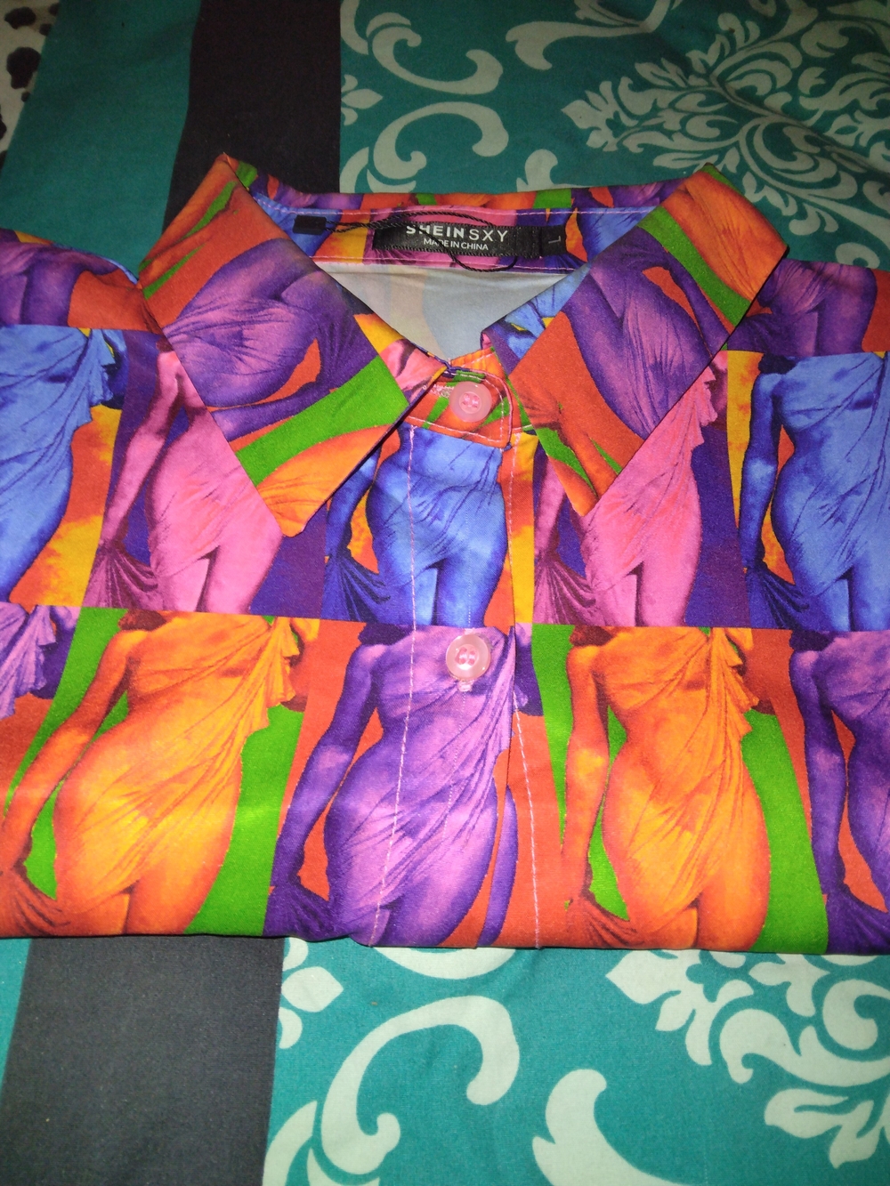 SHEIN Purple Orange Green Multicolor Printed Button-Down Shirt
